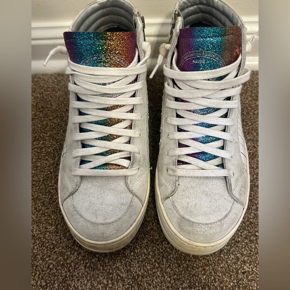 P448 White Suede Sneakers with Rainbow Glitter Tongues